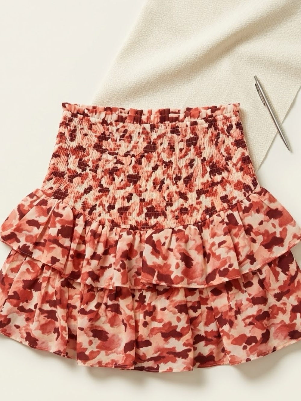 Blu Pepper Coral and Blush Smocked Tiered Mini Skirt